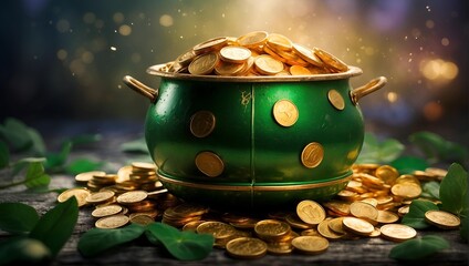 pot of gold coins . St Patrick's Day concept  - obrazy, fototapety, plakaty