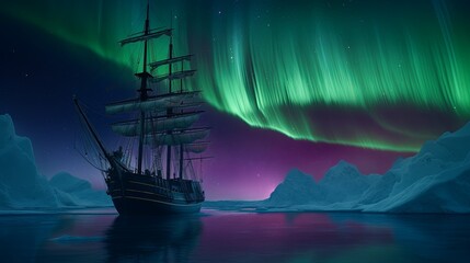 A ship in the water with an aurora in the background