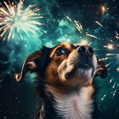 Frightened dog watching fireworks.