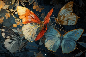 Fototapeta premium Ethereal twilight butterflies, their wings shimmering with the colors of dusk and dawn - Generative AI