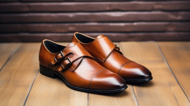 Modern Brown Leather Men Dress Shoes for Fashionable Comfort. Luxury Elegance in a Workshop Photo