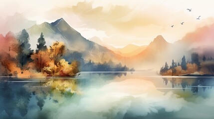 A watercolor painting of a mountain lake