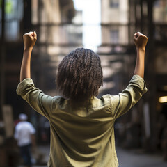 African woman raising her fists in protest on a city.