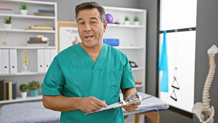 Middle-aged male doctor in scrubs holding clipboard in a clinic's rehab room, with medical equipment and books in the background.
