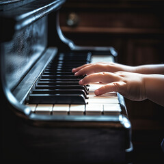 Hands of a child playing the piano.
