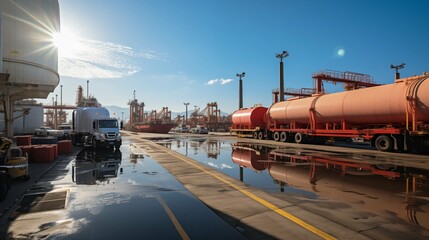 Logistics, Petroleum Product Distribution Center with Tanker Trucks Loading and Unloading Under Vibrant Morning Sunlight