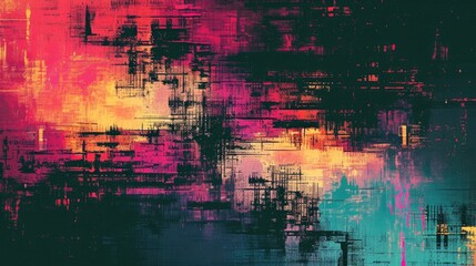 Colorful Pixel Glitch Art Background: Retro 80s Design with Typography and Digital Noise - obrazy, fototapety, plakaty