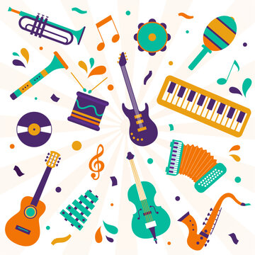 Ensemble d'instruments de musique et d'&eacute;l&eacute;ments festifs vectoriels pour c&eacute;l&eacute;brer la f&ecirc;te de la musique 