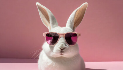 Fototapeta premium Fluffy white rabbit wearing sunglasses