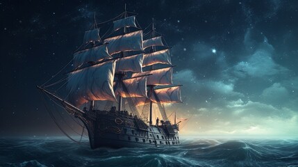 An old sailing ship in the middle of the ocean - obrazy, fototapety, plakaty