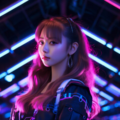 Asian model in neon background.
