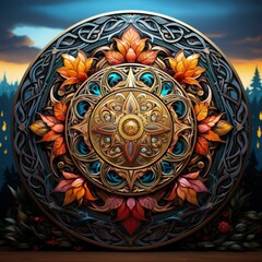 Golden Fusion Mandala Art: Celtic-Eastern Blend, Twilight Sky, Intricate Patterns, Luxurious Wall Decor - Ai Generated