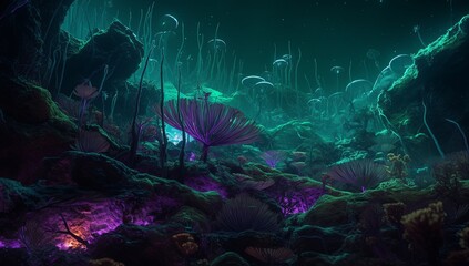 Fototapeta na wymiar An underwater scene with plants and rocks