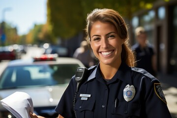 Smiling Female Police Officer on Sunny City Street Duty
