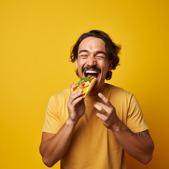 Happy man eating tacos.