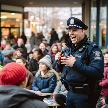 Police giving a talk to the people.