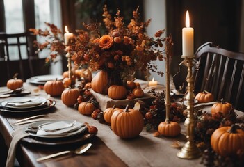Fototapeta na wymiar Autumn table decoration Floral Rustic interior decor for fall holidays Holiday dinner concept