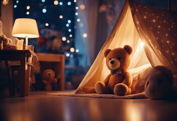 Cozy Childrens bedroom at night with toys teddy bear and a tent Kindergarten during night time