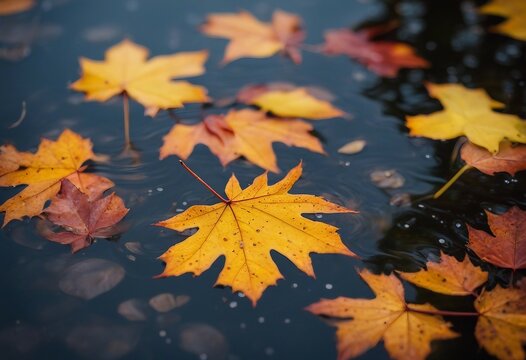 Colorful fall leaves in pond lake water floating autumn wet leaf Fall season leaves in rain puddle S © ArtisticLens