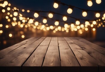 Empty Wood table top with decorative outdoor string lights at night time Empty wood table top with b - obrazy, fototapety, plakaty
