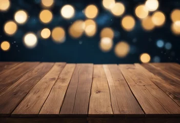 Foto op Aluminium Empty Wood table top with decorative outdoor string lights at night time Empty wood table top with b © ArtisticLens