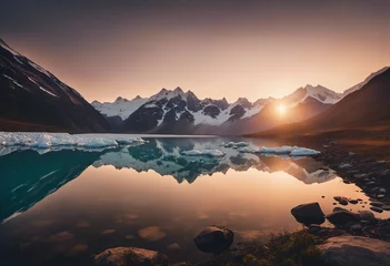 Rolgordijnen Lake landscape at sunset with glaciers mountains and reflection © ArtisticLens