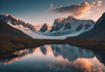 Lake landscape at sunset with glaciers mountains and reflection