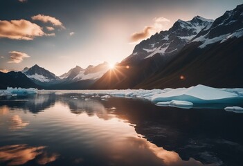 Fototapeta na wymiar Lake landscape at sunset with glaciers mountains and reflection