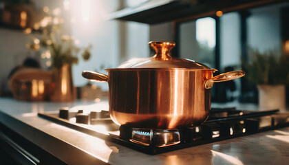 Modern copper pan on stove