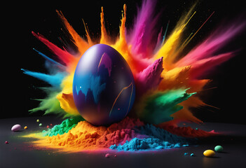 Easter egg into Powerful explosion of colorful rainbow holi powder. Generative AI - obrazy, fototapety, plakaty