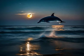 Rolgordijnen dolphin jumping out of the water at night © Awan Studio