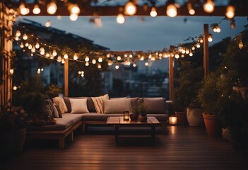 Roof terrace of a beautiful house with night-time view of the city View over cozy outdoor terrace wi - obrazy, fototapety, plakaty