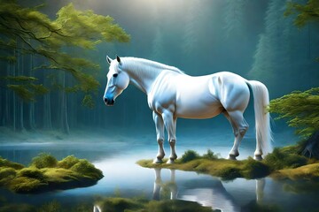 white horse stand on a grass in the front of lake in forest 