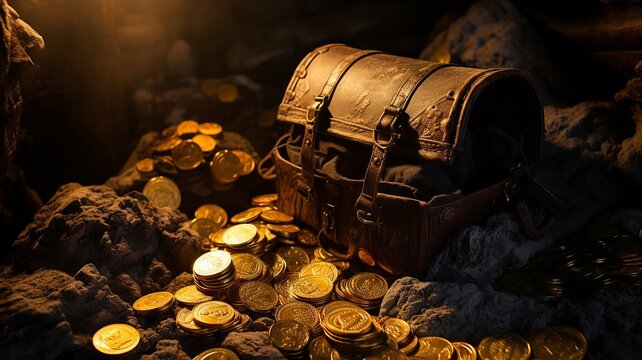 Pirate's hoard of gold doubloons bursting out of a weathered leather bag, dimly lit in a hidden cave