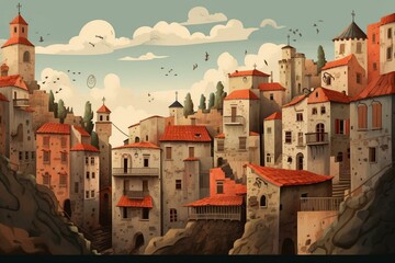 Illustration showcasing the charm of old buildings in a traditional medieval Italian city. Generative AI