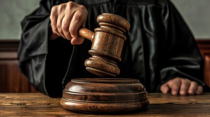 A man in a black robe hits the stand with the judge's gavel