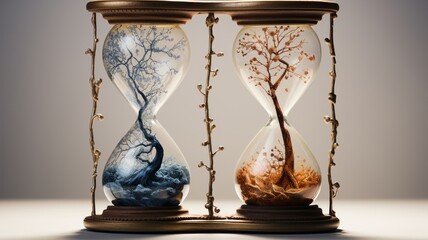 An artistic representation of time with an hourglass containing a stylized tree landscape, transitioning from winter to spring - obrazy, fototapety, plakaty