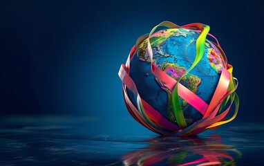 Colorful World Globe with Rainbow Ribbon Generative AI