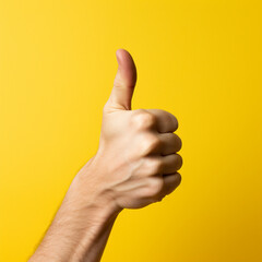 Hand with raised thumb on yellow background.