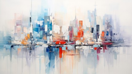 An abstract vertical city painting, with brush strokes of gray and white, highlighted by random splashes of vibrant colors