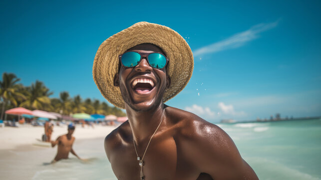 a happy attractive young man with sunglasses enjoying himself on a sunny beach during a warm day. Man on the beach in the summer. travelling alone concept, happy moment. 