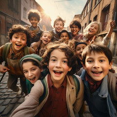 Obraz premium Student selfie with children going to school.