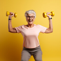 Happy senior woman doing weights on a yellow background.