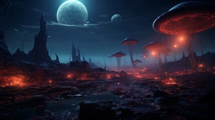 Desolate alien landscape with bioluminescent fungal growths emerging from an extraterrestrial soil, under a two-moon sky