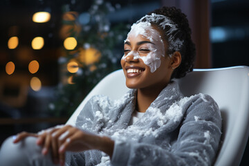 A woman sitting in the bathroom in foam with a moisturizing mask on her face