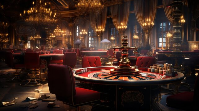 An opulent casino scene with a richly detailed roulette wheel, the felt table bathed in the golden light of vintage chandeliers