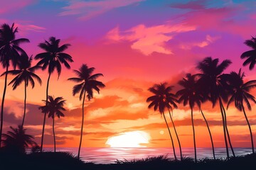 Fototapeta na wymiar Tropical beach sunset with palm trees silhouetted against a gradient sky blending shades of orange, pink, and purple.