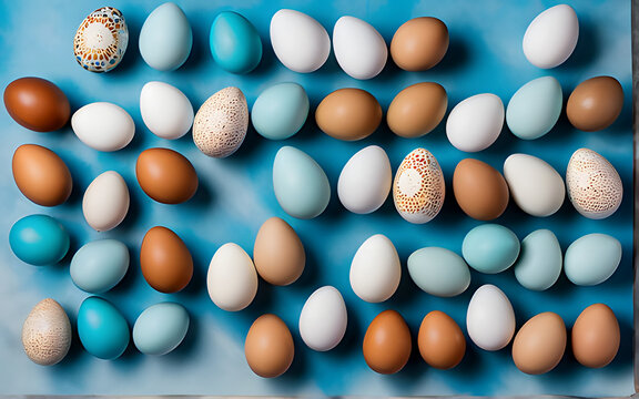Brown, white, and blue color eggs on blue background