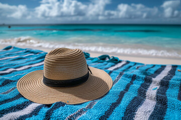 Fototapeta na wymiar der Strohhut liegt auf einem blauen Handtuch an einem Sandstrand