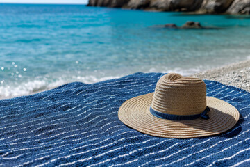 Fototapeta na wymiar der Strohhut liegt auf einem blauen Handtuch an einem Sandstrand